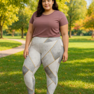 Step into elegance with the Gold-Trimmed Geometric Leggings, featuring a modern marble-like design in muted tones highlighted by gold geometric lines. Crafted for ultimate comfort and versatility, they’re perfect for yoga, fitness, or a chic athleisure look.