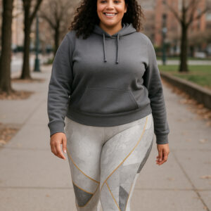 Step into elegance with the Gold-Trimmed Geometric Leggings, featuring a modern marble-like design in muted tones highlighted by gold geometric lines. Crafted for ultimate comfort and versatility, they’re perfect for yoga, fitness, or a chic athleisure look.