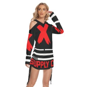 A bold cold-shoulder hoodie dress with red "X" graphics and "SUPPLY" branding, part of the Don’t Apply collection, ideal for edgy streetwear looks.