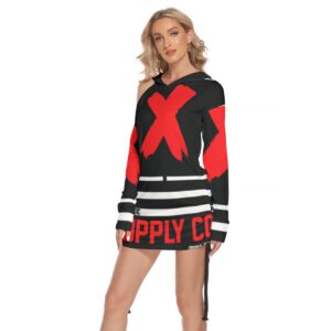 A bold cold-shoulder hoodie dress with red "X" graphics and "SUPPLY" branding, part of the Don’t Apply collection, ideal for edgy streetwear looks.