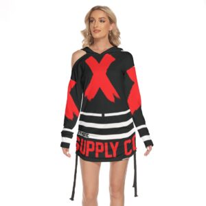 A bold cold-shoulder hoodie dress with red "X" graphics and "SUPPLY" branding, part of the Don’t Apply collection, ideal for edgy streetwear looks.