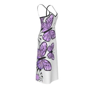 White women's cami dress with bold purple butterfly designs and contrasting black trim for a fresh, whimsical look.