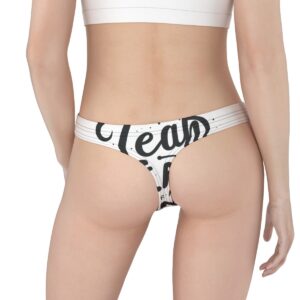 White thong with large, bold black typography in an abstract, playful font for a modern and minimalist aesthetic.