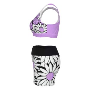 A dynamic sports bra and shorts set featuring purple butterflies and white daisies with black outlines, designed for active comfort and bold style.