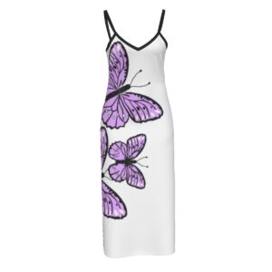 White women's cami dress with bold purple butterfly designs and contrasting black trim for a fresh, whimsical look.