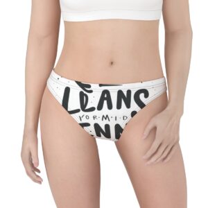 White thong with large, bold black typography in an abstract, playful font for a modern and minimalist aesthetic.