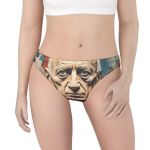 Thong featuring a hyper-realistic portrait of an older man with intense eyes, framed by earthy tones with hints of blue and red for an edgy, artistic look.