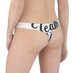 White thong with large, bold black typography in an abstract, playful font for a modern and minimalist aesthetic.