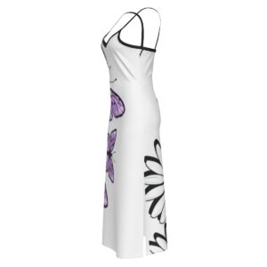 White women's cami dress with bold purple butterfly designs and contrasting black trim for a fresh, whimsical look.