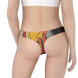 Thong featuring an abstract face design with bold black lines, vibrant red and yellow accents, and expressive eyes for an edgy, artistic vibe.