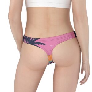 Dark thong with bold pink "California" text, accented by colorful sunset hues and retro-inspired fonts, evoking vintage West Coast vibes.