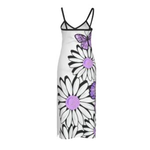 White women's cami dress with bold purple butterfly designs and contrasting black trim for a fresh, whimsical look.