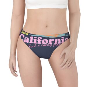 Dark thong with bold pink "California" text, accented by colorful sunset hues and retro-inspired fonts, evoking vintage West Coast vibes.