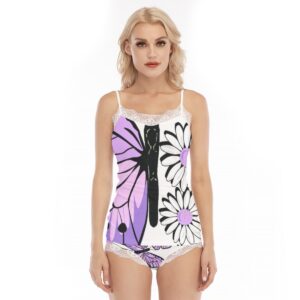 A women’s pajama set featuring a cami top and matching shorts with lace trim. The design showcases purple butterflies and white daisies with black outlines on a white background, accented with delicate lace edging.