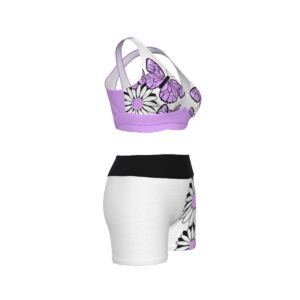 A dynamic sports bra and shorts set featuring purple butterflies and white daisies with black outlines, designed for active comfort and bold style.