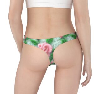 Thong with a vintage-inspired design featuring soft pink roses and green leaves on a textured, knit-like background for a cozy, romantic aesthetic.