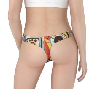 Thong featuring an abstract, colorful design with geometric shapes, bold lines, and dynamic patterns in shades of yellow, red, blue, and black