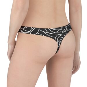 Black thong with a minimalist white rose outline pattern, creating a chic and edgy floral aesthetic.