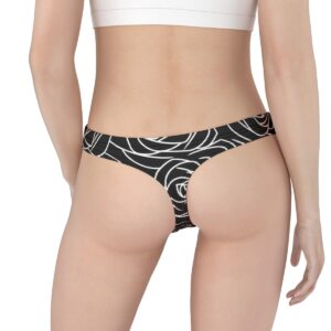 Black thong with a minimalist white rose outline pattern, creating a chic and edgy floral aesthetic.