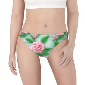 Thong with a vintage-inspired design featuring soft pink roses and green leaves on a textured, knit-like background for a cozy, romantic aesthetic.