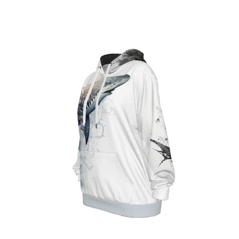 A white premium cotton hoodie featuring a striking artistic shark design on the front. The shark is rendered in blue-gray tones, combining realistic details with stylized decorative elements. The design merges contemporary streetwear aesthetics with athletic functionality, creating a modern and sophisticated appearance. The shark motif dominates the front of the garment, making a bold visual statement against the clean white background.