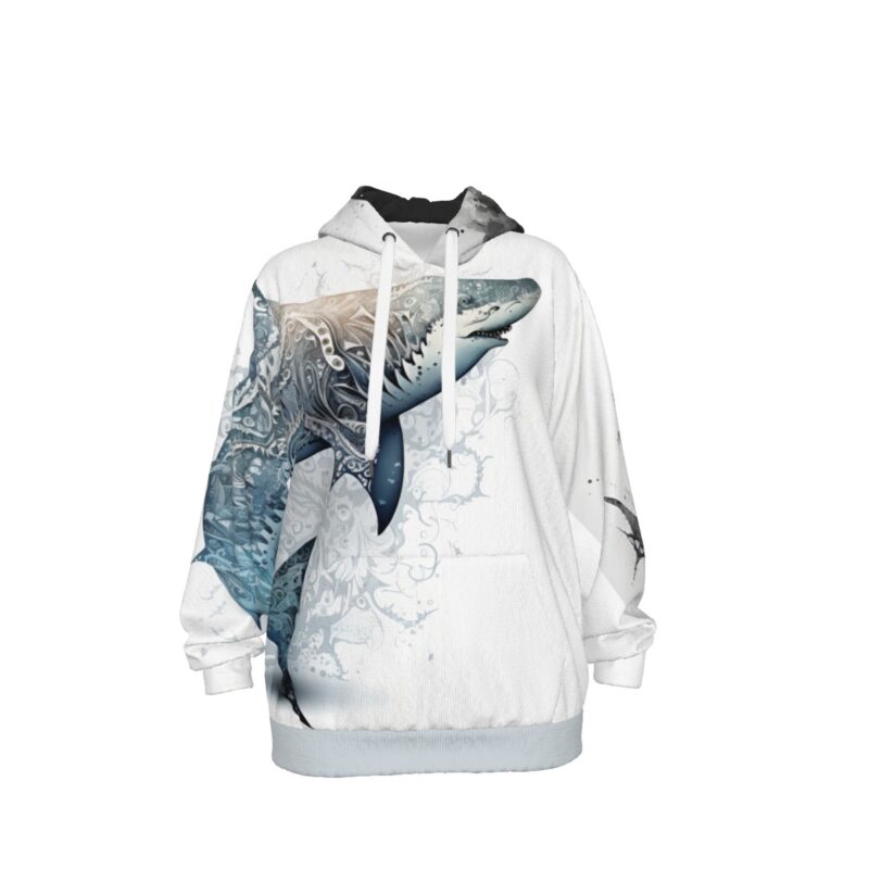 A white premium cotton hoodie featuring a striking artistic shark design on the front. The shark is rendered in blue-gray tones, combining realistic details with stylized decorative elements. The design merges contemporary streetwear aesthetics with athletic functionality, creating a modern and sophisticated appearance. The shark motif dominates the front of the garment, making a bold visual statement against the clean white background.
