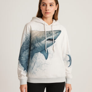A white premium cotton hoodie featuring a striking artistic shark design on the front. The shark is rendered in blue-gray tones, combining realistic details with stylized decorative elements. The design merges contemporary streetwear aesthetics with athletic functionality, creating a modern and sophisticated appearance. The shark motif dominates the front of the garment, making a bold visual statement against the clean white background.