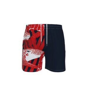 Men’s swim shorts with a red and black design featuring stylized lizard artwork on one leg, contrasting with a solid black opposite leg and white drawstring.