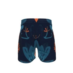 Men’s swim trunks featuring two large, symmetrical orange fox faces with white muzzles and bold eyes on a navy background, with a drawstring waist and mid-thigh cut.