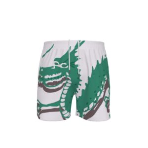 Men’s white swim shorts featuring a large green dragon graphic with drawstring waistband and mid-length fit.