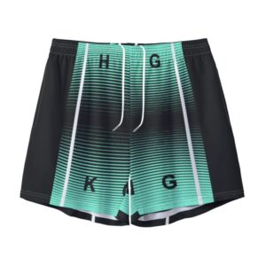 Men’s swim shorts with a modern green and black striped digital design and random letters printed across the front.