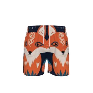 Men’s swim trunks featuring two large, symmetrical orange fox faces with white muzzles and bold eyes on a navy background, with a drawstring waist and mid-thigh cut.