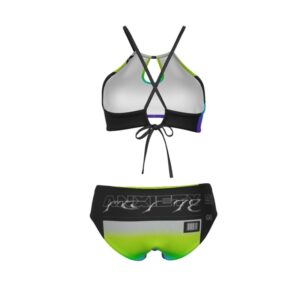 Two-piece cami keyhole swimsuit with a rainbow gradient front and black trim, featuring “ANXIETY” prescription-style text graphic on the back of the bottoms.