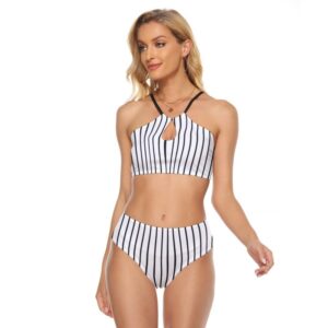 A black-and-white vertical pinstripe two-piece cami keyhole swimsuit featuring a high-neck top with a front cutout and high-waisted bottoms. The swimsuit gives a sporty, retro vibe with a modern, flirty silhouette.