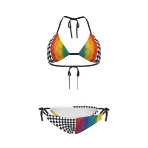 A vibrant two-piece bikini with a triangle top and tie-side bottoms. The design features a black-and-white checkerboard pattern mixed with a rainbow gradient, creating a bold, colorful statement. The top ties at the neck and back, while the bottoms tie at the hips.
