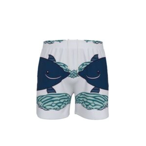 A pair of white men’s swim shorts featuring mirrored cartoon-style navy dolphins swimming over teal ocean waves. Includes a white drawstring waistband and fun, lighthearted beach design.
