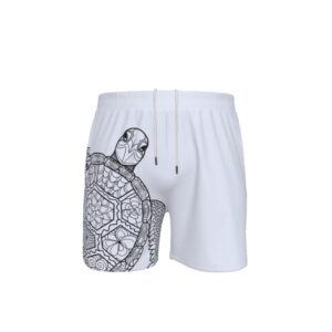 Men’s white swim shorts featuring a large black line-drawn sea turtle with intricate mandala-style shell design on one leg, with a front drawstring waist.