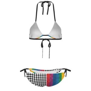 A vibrant two-piece bikini with a triangle top and tie-side bottoms. The design features a black-and-white checkerboard pattern mixed with a rainbow gradient, creating a bold, colorful statement. The top ties at the neck and back, while the bottoms tie at the hips.