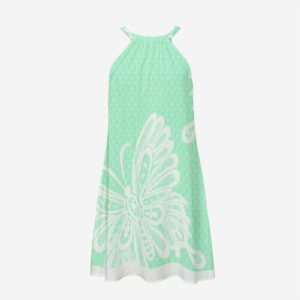 A sleeveless mint green halter dress made of lightweight rayon, featuring a large white butterfly print across the lower half. The silhouette is flowy and relaxed with a breezy summery vibe.