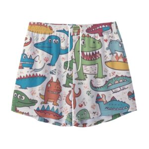 White men’s swim shorts featuring a colorful cartoon dinosaur pattern with various goofy expressions and party hats.