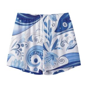 A pair of men's swim shorts with pockets, featuring an abstract blue and white floral and swirl design inspired by Mediterranean tile. Includes a white drawstring and relaxed fit above the knee.