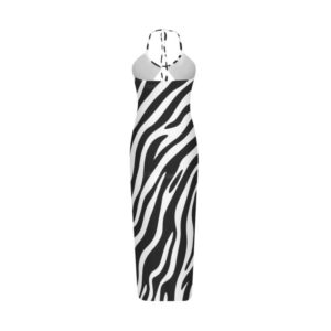 A cream and charcoal abstract zebra-patterned halter dress with a cutout back and midi length.
