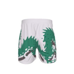 Men’s white swim shorts featuring a large green dragon graphic with drawstring waistband and mid-length fit.
