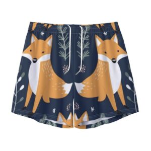 Navy blue men’s swim shorts with a pattern of orange foxes surrounded by white floral and plant elements. Features an adjustable white drawstring and mid-thigh length cut.