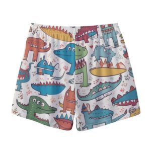 White men’s swim shorts featuring a colorful cartoon dinosaur pattern with various goofy expressions and party hats.