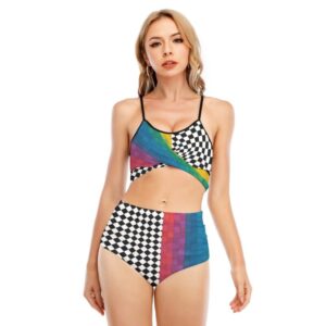 A stylish two-piece bikini featuring a cross-strap top with a rainbow and black-checkered pattern, paired with high-waisted matching bottoms. The swimsuit combines bold colors and edgy lines, creating a standout, confident look.