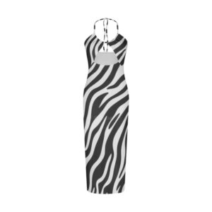 A cream and charcoal abstract zebra-patterned halter dress with a cutout back and midi length.