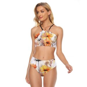 Model wearing a two-piece swimsuit with a bold daisy floral print; top features a halter cami neckline with a keyhole cutout and crisscross straps in the back, paired with high-waisted bottoms showcasing vibrant yellow and orange flowers.