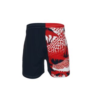 Men’s swim shorts with a red and black design featuring stylized lizard artwork on one leg, contrasting with a solid black opposite leg and white drawstring.
