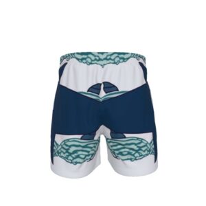 A pair of white men’s swim shorts featuring mirrored cartoon-style navy dolphins swimming over teal ocean waves. Includes a white drawstring waistband and fun, lighthearted beach design.